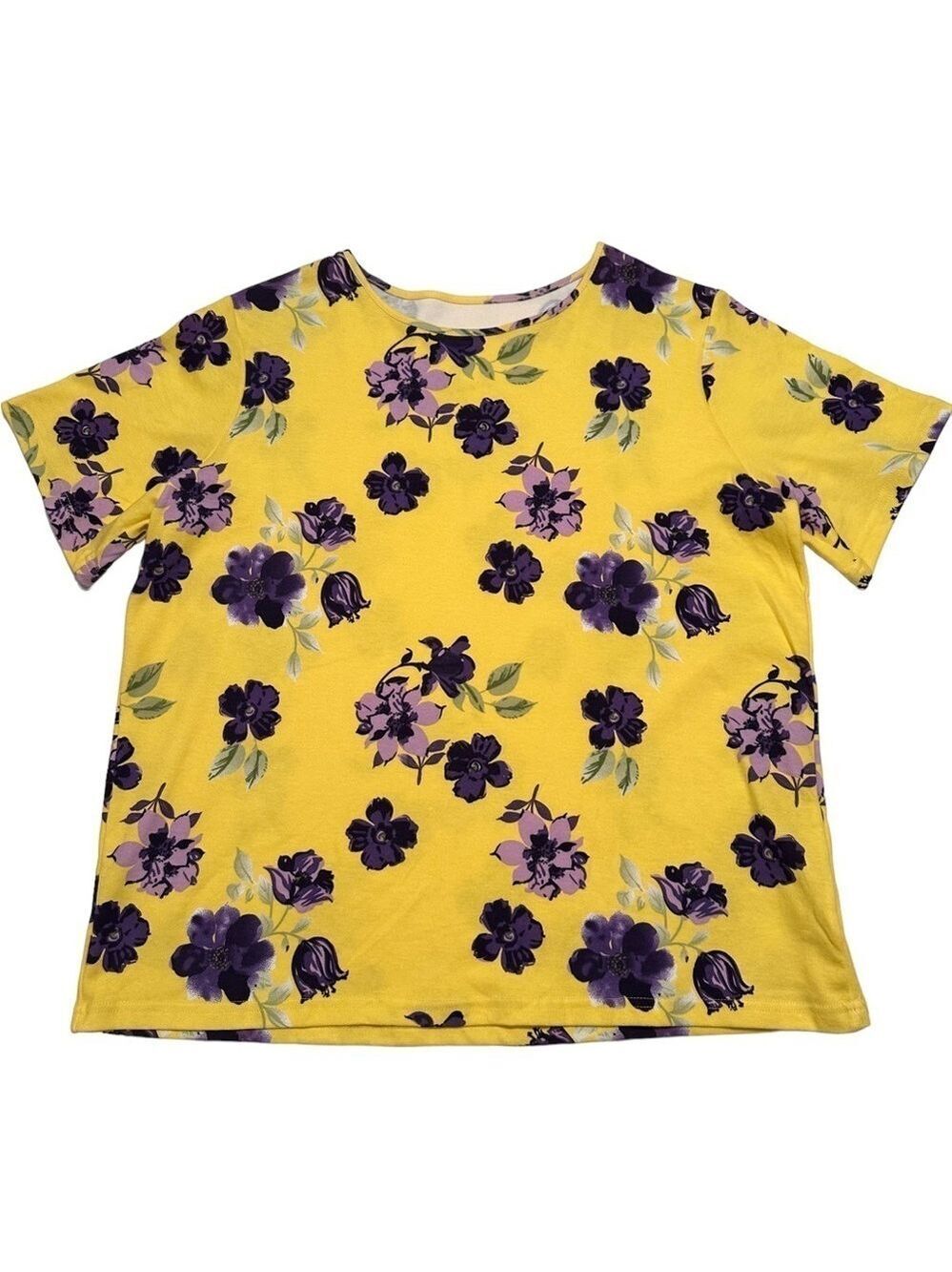 CW Classics Floral Summer Blouse Top Womens 1X Yellow & Purple Short Sleeves